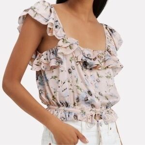 LoveShackFancy Mia Ruffled Lace Crop Top Pink Purple Cream Cinch 100% Silk XS